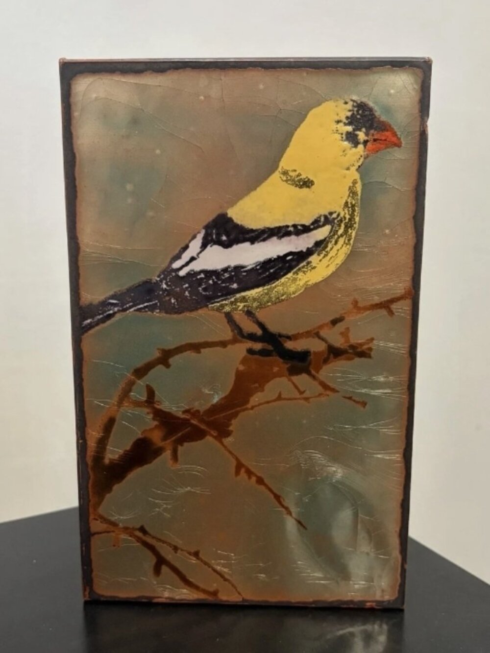 Houston Llew Spiritile #135 Alight Goldfinch Bird Glass on Copper Art Retired